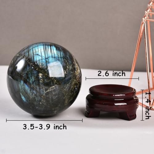 Labradorite Crystal Ball with Stand Large Crystals Sphere Decorative Ball Meditation Witchcraft Home Decor 90-100mm/3.5-3.9" - color: Labradorite, size: 3.5 - 3.9 inches