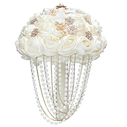 Handmade Satin Rose Water Drop Bridal Bouquet,8.7inch Crystal Wedding Round Tossing Bouquet,Jewelry Proposal Bridesmaid Bouquet Groom Corsage Bride Wrist Flower Ivory (26#Ivory) - color: 26#ivory