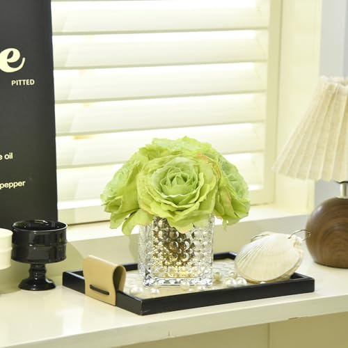 Artificial Rose in Glass Vase Vintage Silk Flower Arrangement with LED Light for Table Centerpiece Home Wedding Decoration (Apple Green) - color: Apple Green