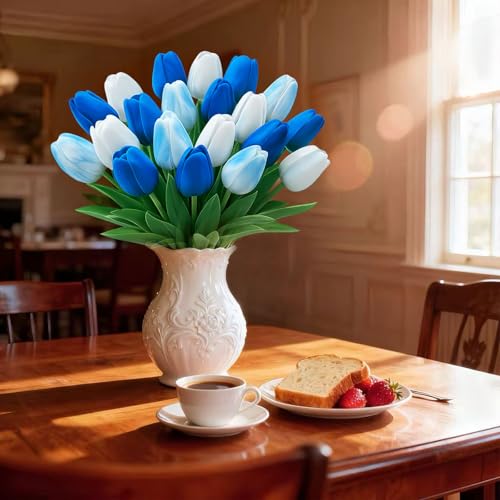 20 Pcs Tulips Artificial Flowers, 13.5'' Real Touch PU Fake Flowers Bouquet for Home Party, Spring Wedding Floral Arrangement, Valentine's, Easter and Mother's Day Decor (White,Blue) - color: White,blue