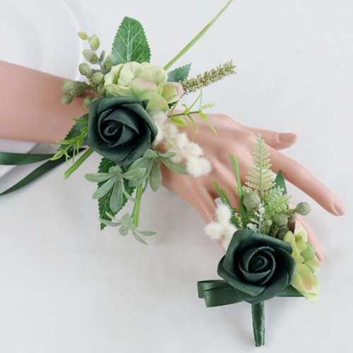 green Rose Wrist Corsage Boutonniere Set,Handmade Silk Flower for Bride Hand Flower Men Boutonniere, Prom Artificial Flower Wrist Corsage Bracelets