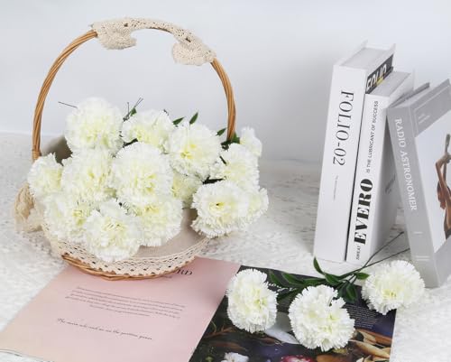 16PCS White Carnations Artificial Flowers 14.8'' Fake Carnation Silk Flowers with Stems Faux Carnations Flowers for Home Table Centerpiece Wedding Decor Floral Arrangements (Ivory White) - color: Ivory White