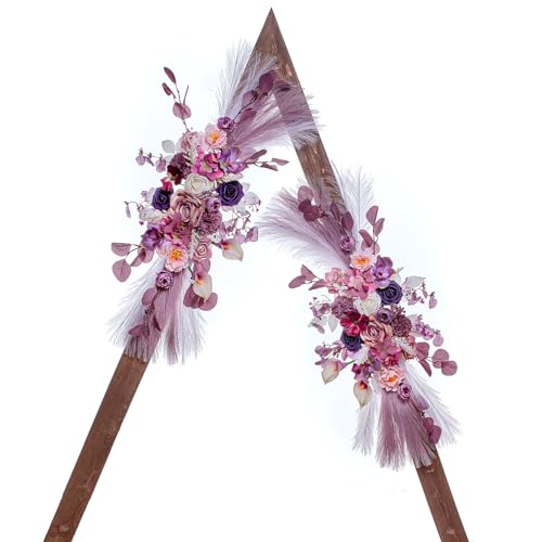 Lisuun Wedding Arch Flowers, Artificial Flowers for Decoration, Large Flower Swag for Boho Styles Wedding Ceremony Floral Decor - Pack of 2 - color: Purple&pampas White
