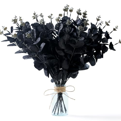 SITUMEIZI 10 Pcs Black Flower Artificial Eucalyptus Stems for Halloween Black Home Bathroom Bedroom Decor Skoopy Halloween Decorations 13.4 inch - color: Black