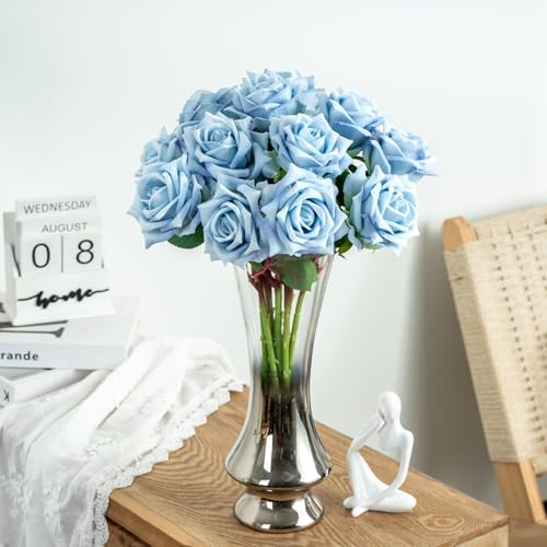 Ttranewsoo Fake Roses Faux Flowers Silk Roses 12PCS Artificial Roses with Stems Realistic Artificial Flowers Suitable for Indoor Home Decoration Diy Bouquet Wedding Decor Party Decoration （Blue）16.5“ - color: Blue 12pcs