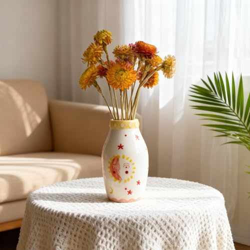MOUGIGI Unique Ceramic Vase, Cute Boho Decor, Small Cream Vase for Dried Flowers or Single Bud - Sun and Moon Face Design - color: Boho Vase