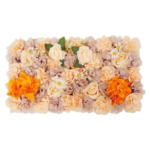 12Pcs Artificial Flower Wall Panel 3D Floral Backdrop Walls 15" X 15" Flower Wall Decor Flower Backdrop Faux Rose Panel for Party Home Background, Champagne and Autumn Warm - color: White, Green