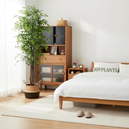 7ft Tall Artificial Ficus Tree in White Pot, Straight Trunk Fake Ficus Tree with Lush Green Leaves, Faux Potted Plant for Indoor Outdoor Home Office Living Room Patio Decor