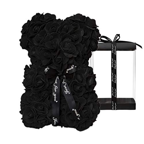 DuHouse 10 inch Rose Bear Artificial Plant for Anniversary, Birthdays, Bridal Showers - Fully Handmade, Unique Gift Box (Black) - color: Black