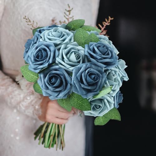 50 Pcs Artificial Foam Rose Flower Faux Bouquet Wedding Fake Rose Gift for Mother's Day Women DIY Bridal Shower Party Table Birthday Home Spring Decor (Blue Two Tone) - color: Blue