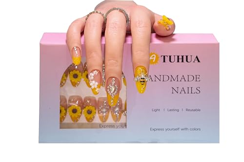 Handmade Press on Nails 24 Pcs, 3D Sunflowers, Medium almond, Yellow | Handmade 12 Sizes False Nails, French Tips,Almond Length,3D Cute Honey,Flower,Manicure Kit,Women&Girls,Spring&Summer,Party