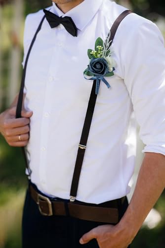 Set of 2 Navy Blue Rose Boutonniere for MenWedding, Groom Groomsman Artificial Flowers for Wedding Anniversary Celebration,Prom,Party,Home Decoratio (Navy Blue) - color: Navy Blue