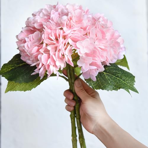 FiveSeasonStuff Real Touch Silk Pink Hydrangea Flowers, 2 Large Long Stem Artificial Flowers for Floral Arrangements - color: Pink (2 Stems)