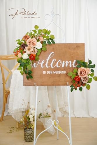 Wedding Decor (Pack of 2) Welcome Sign Flower Backdrop Garland for Ceremony Reception Wall Easel Home Decoration Entryway Faux Outdoor Board Head Table Decor (Orange & Terracotta) - color: Orange & Terracotta
