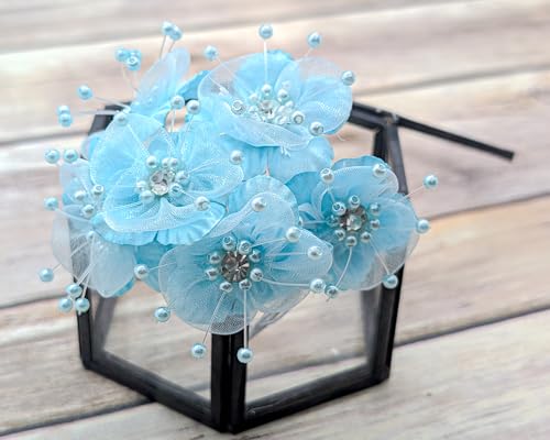 72PC Artificial Organza Flower Rhinestone Pick for Home Craft Decor DIY Wedding Bridal Veil Headband Dress Cake Topper Embellishment Scrapbook Favor Corsage Floral Bouquet Arrangement (Aqua) - color: Aqua