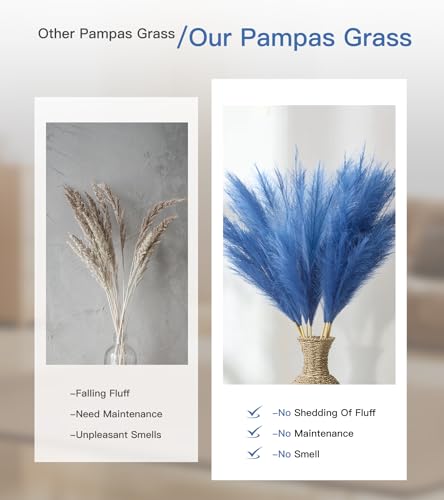 9 Pcs 45" Tall Pampas Grass Blue Decor, Long Stem Artificial Flower Floor Vase Large Faux Floral Pompas Fake Plants Dried Bouquet Arrangement Vase Filler for Boho Home Wedding Decoration - color: 9 Pcs 45" Blue Style