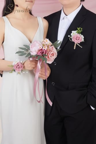 Serwalin Pink Rose Corsage and Boutonniere Set, Prom Flower Wrist Corsage Bracelets, Homecoming Roses Corsage Wristlet and Men Boutonniere for Wedding Flowers Accessories Prom Suit Decorations - color: Pink, size: 1 Boutonniere & 1 Wrist Corsage - 2pcs