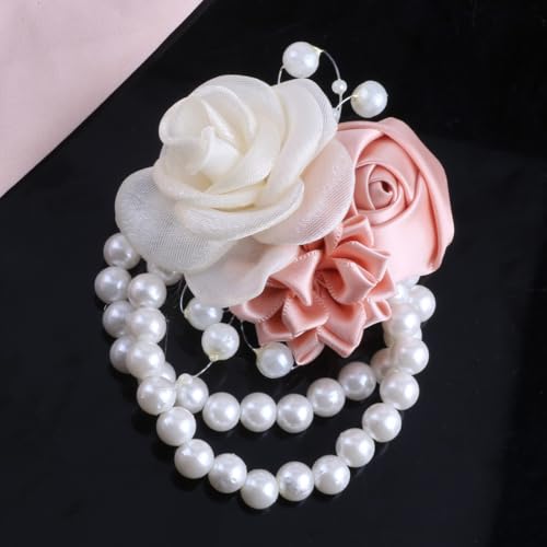 Wedding Prom Party Satin Rose Wrist Corsage Flower, 2Pcs Boutonniere and Wrist Corsage Wristband Roses Prom Flower Wedding Flowers Accessories Prom Suit Decorations (Pink) - color: Pink