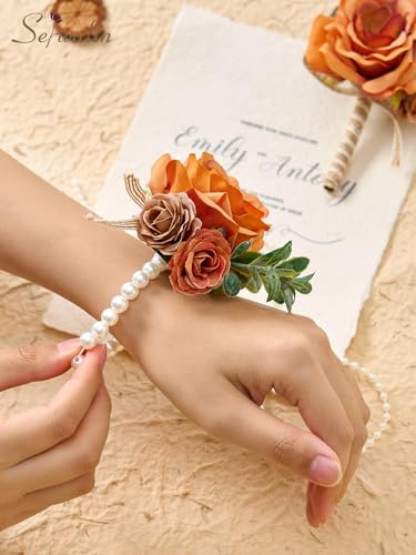 Serwalin Orange Corsage and Boutonniere Set, Boutonniere and Wrist Corsage Wristlet Prom Homecoming Wedding Flowers Accessories Prom Suit Decorations (Orange) - color: Orange, size: 1 Boutonniere & 1 Wrist Corsage - 2pcs