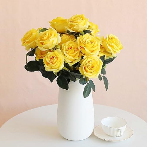 Jasion 4 Bundles Artificial Roses Flowers 10 Heads Arrangement Silk Bridal Bouquet for Home Office Parties and Wedding Decoration (Yellow 4pcs) - color: Yellow 4pcs