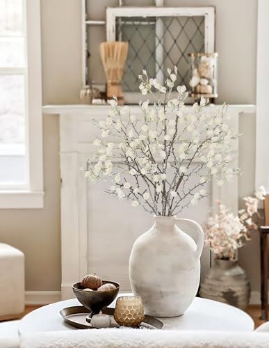 GnFlus Artificial Cotton Branches Fake Flowers for Spring Winter Boho Decoration,Faux Long Stem Artificial Flowers for Wedding Home Office Bedroom Party Table Centerpieces Cream White 3Pcs - color: Cotton - Cream White
