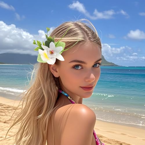 3 PCS Hawaiian Flower Hair Clips for Women Plumeria Hibiscus Hair Barrettes Hawaiian Artificial Flower Accessories for Vacation Beach Party Boho Clips for Girls Wedding（white Blue Purple） - color: white Blue Purple