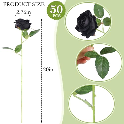 Hananona 50 Pcs Artificial Roses in Bulk, Fake Velvet Silk Roses Realistic Black Roses for Wedding Centerpieces Flower Arrangement Home Decor (50, Black) - color: Black