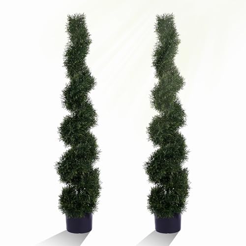 Two 5 Foot 4 Inch Artificial Cypress Spiral Trees Potted Indoor or Outdoor