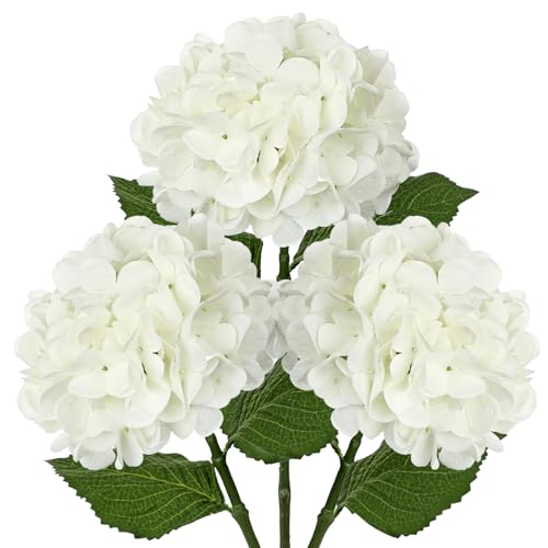 Hollyone 3Pcs White Hydrangea Artificial Flowers Real Touch Faux Silk Hydrangeas Flowers with Stem Fake Florals Flower for Home Wedding Table Centerpiece Vase Arrangements Decoration - color: White