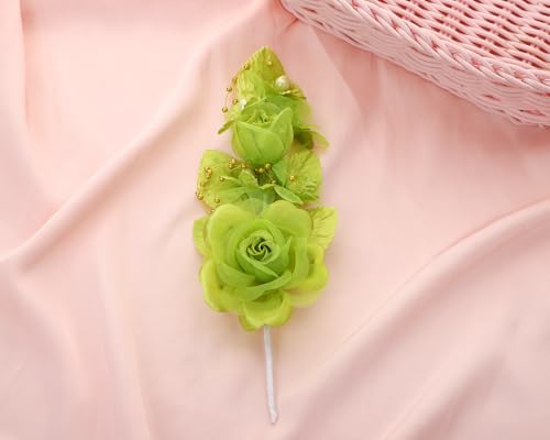 Set of 12 Artificial Silk Organza Craft Rose Flower, 12 Corsage Wristlet, 12 Pin Back DIY Boutonnieres for Wedding, Bridesmaids, Groomsmen, Quinceanera, Prom, Sweet 16 (Apple Green) - color: Apple Green
