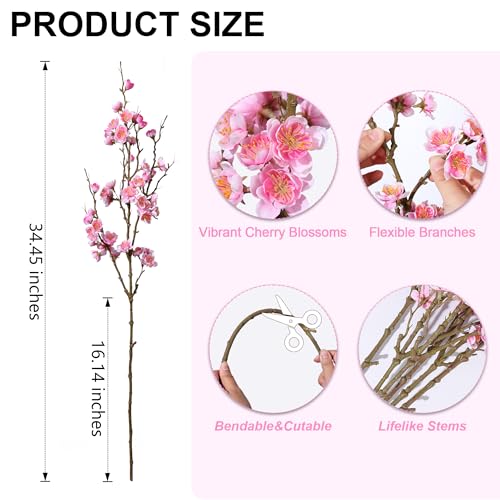 florisso 6 PCS Artificial Cherry Blossom Branches Spring Indoor Decoration, Faux Flowers 34.45" Long Stems Plum Fake Peach Plants Real Touch Silk for Wedding Home Bedroom Party Table Office, Pink - color: A-pink