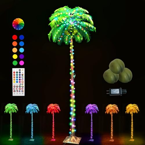 Ledido 6FT Lighted Palm Trees for Pool, 35 Colors Changing Light Up Palm Trees Outdoor with Remote, Led Artificial Fake Tree with Coconuts for Outside Patio Tiki Bar Yard Tropical Party Indoor Decor - color: Color Changing, size: 6ft