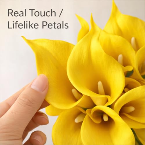 Floral Kingdom 20 Pack Artificial Calla Lily Flowers 14 Inch Yellow - Real Touch Latex Flowers for Home Decor, Kitchen Counters, Breakfast Nooks & Weddings - color: Yellow