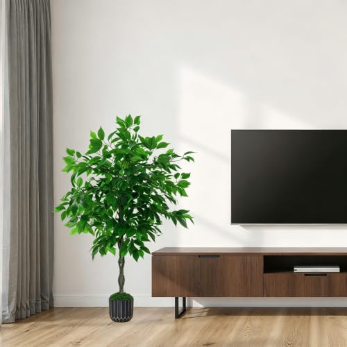 Artificial Ficus Tree 4FT Tall, Artificial Plants Indoor with Black Planter Faux Ficus Tree Realistic Faux Silk Plant for Home Office Living Room, Porch, Garden Decor