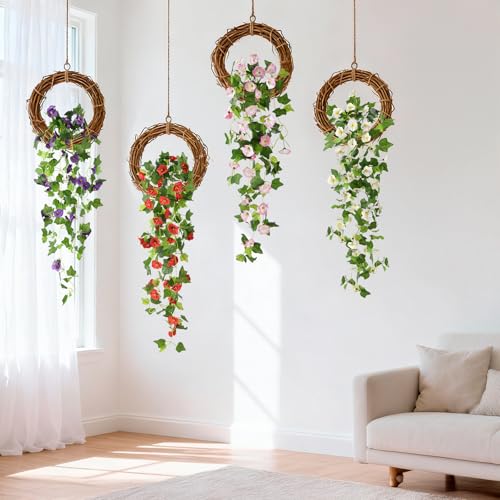INQCMY Artificial Hanging Flowers Fake Plants for Outdoors Spring Summer Decor, 4 Pcs Silk Morning Glory Faux Flowers UV Resistant, Realistic Flowers Hanging Petunias for Outside Porch Patio Planter - color: Mix