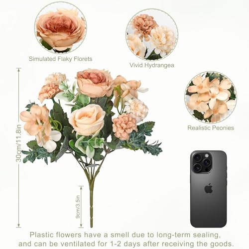 4 Packs Peonies Artificial Flowers Silk Champagne Artificial Peonies Bouquet Fake Flower Arrangements Mixed Roses Hydrangea with Stems for Centerpiece Table Wedding Bridal Bouquets Home Decor - color: Champagne
