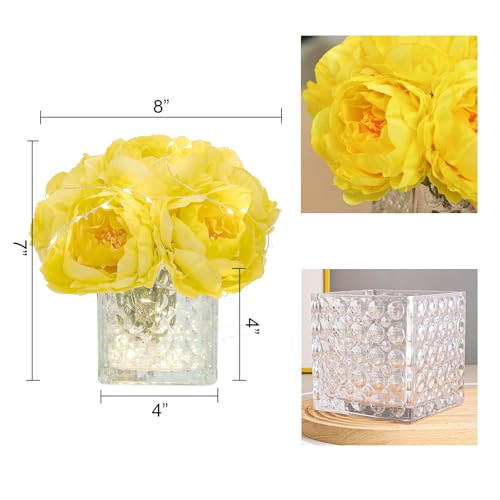 Artificial Peony Silk Flower Centerpieces with LED Light Faux Floral Arrangement in Glass Vase for Home Wedding Table Decoration (Yellow) - color: Light-yellow