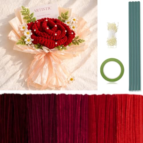 Peryiter 371 Pcs Pipe Cleaners Flowers Kit, Pipe Cleaners Chenille Stems Bulk with Floral Wire Gardening Tape Stamen, Fluffy Limpiapipas para Flores for DIY Mother's Day Decor(Rosy Red) - color: Rosy Red