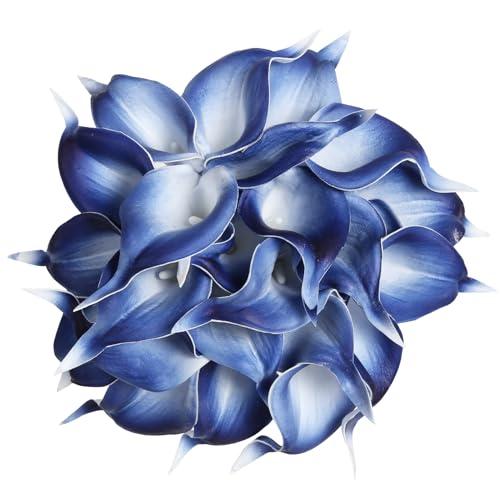 IPOPU 24PCS Real Touch Blue Calla Lily Faux Flowers Arrangement Bouquet for Home Garden Office Party Wedding Bouquet Centerpieces Flower Home Decoration - color: Charming Blue
