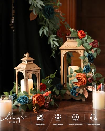 Ling's moment 6Pack 1.8ft Terracotta Artificial Flowers Garland Teal Blue Lantern Flower Burnt Orange Arch Floral Centerpieces for Wedding Aisle Chair Signs Table Cake Decor（not Including Lanterns） - color: Or-teal & Orange