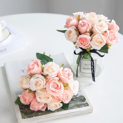 Jasion Artificial Roses Flowers 12 Heads Arrangement Silk Bouquet for Home Office Parties Bridal and Wedding Decoration (Pink with Champagne) - color: Pink With Champagne