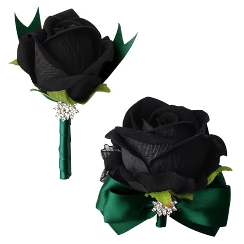 Black Rose Wrist Corsage and Boutonniere Set Rose Corsage Wristlet for Wedding Prom Party Homecoming Decoration Set of 2 (Green and Black) - color: Green and Black