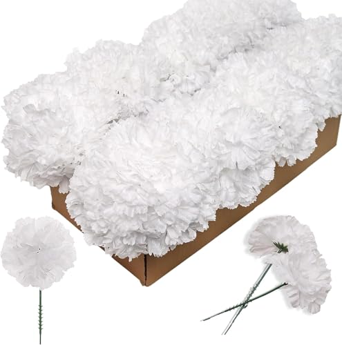Larksilk 100 Pack Artificial Carnations - Bulk Silk Flowers for Weddings, Mother's Day, Graduations, Easter & Memorial Day - 3.5" Heads, 5" Stems, Real Touch Petals, 18 Colors Available - White - color: White, size: 100