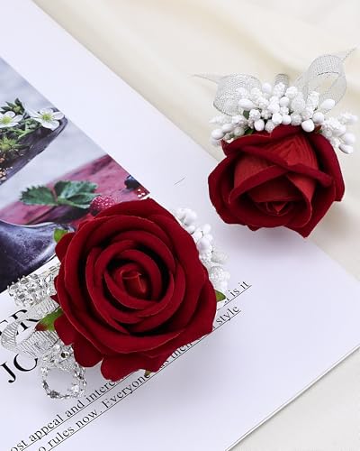 2Pcs Red Rose Corsage and Men Boutonniere Set Women Wristlet Band Wrist Bracelets, for Prom Wedding Ceremony Flowers Decorations and Homecoming Party Accessories - color: Red, size: 1 Boutonniere & 1 Wrist Corsage