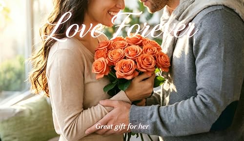 10 Pcs Real Touch Artificial Roses Fake Rose Long Stem Silk Faux Flowers Bridal Bouquet for Wedding Home Decor Romantic Valentine Gifts (Orange) - color: Orange