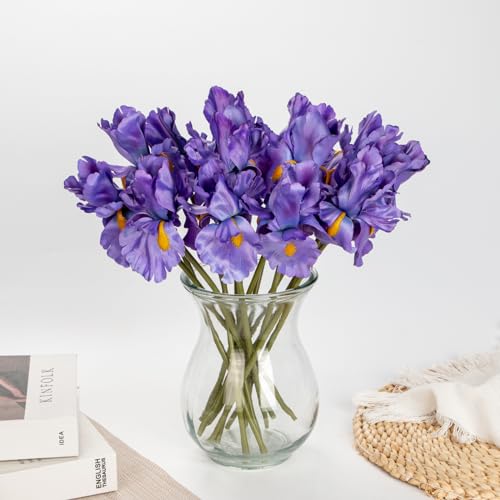 Hollyone Iris Artificial Flowers 15Pcs Faux Iris Purple Flowers 14.2" Real Touch Fake Flowers Picks Bouquets for Wedding Bridal Home Arrangements Office Table Centerpieces Decor - color: Purple