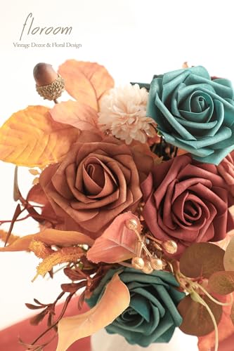 Floroom Artificial Flowers 25pcs Real Looking Teal Green Terracotta Ombre Colors Foam Fake Roses with Stems for DIY Wedding Bouquets Bridal Shower Centerpieces Floral Arrangements Tables Decoration - color: Shades of 1970s