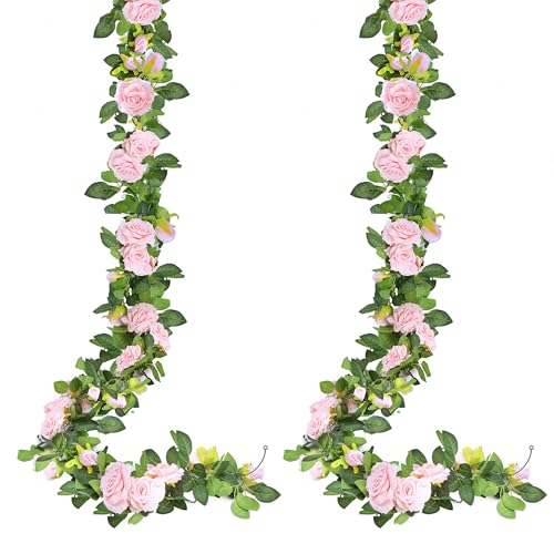 Sggvecsy 2Pcs 15.5Ft Artificial Rose Vine Fake Flower Garland Floral Garland Faux Silk Hanging Vine Rose Ivy Vines for Wedding Arch Party Wall Garden Ceremony Background Outdoor Decor (Pink) - color: Pink, size: 2Pcs