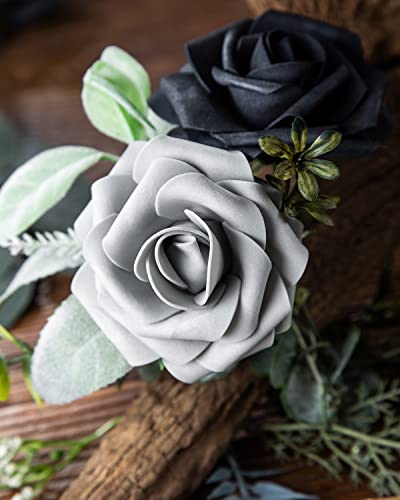 DuHouse 25Pcs Artificial Roses Flowers Fake Roses with Stems Real Touch Foam Flowers for DIY Wedding Bouquet Centerpiece Floral Arrangement Party Home Decor(Grey) - color: Grey, size: 25pcs