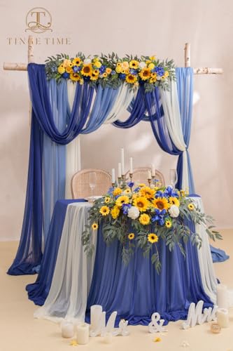 TINGE TIME Artificial Sweetheart Flower Swag with Tablecloth and Table Runner, Pack of 3 Floral Arrangement for Wedding Sweetheart Table Centerpiece Decoration Valentine's Day (Sunflower&RoyalBlue) - color: Sunflower & Royal Blue